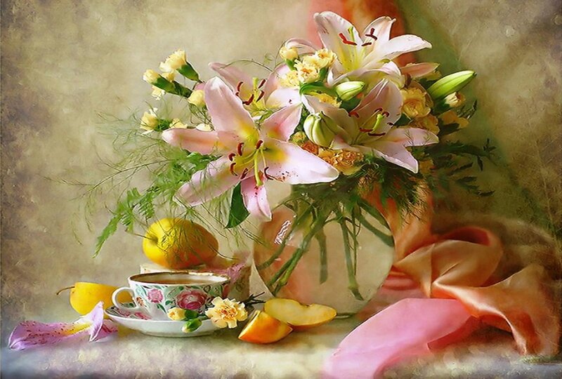 Still Life with Flowers and Fruit — Pink, Serene, Painting, Tea Cup
