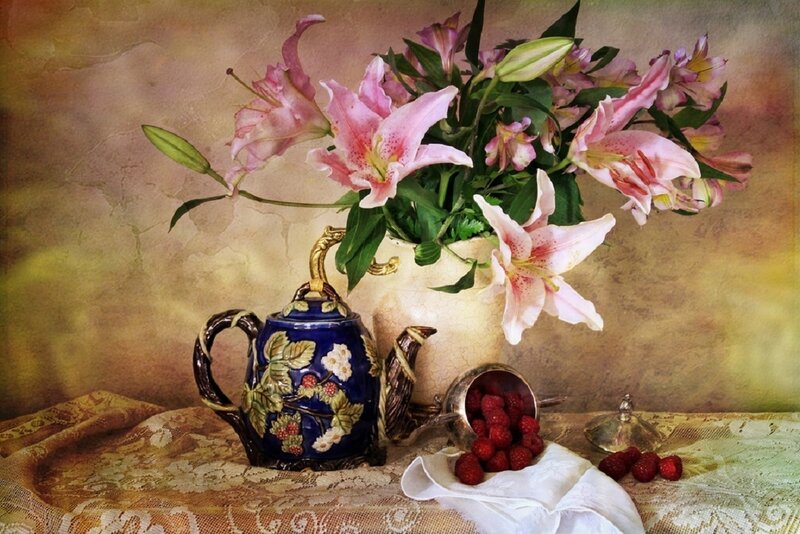 Still Life with Flowers and Fruit — Pink, Serene, Painting, Teapot