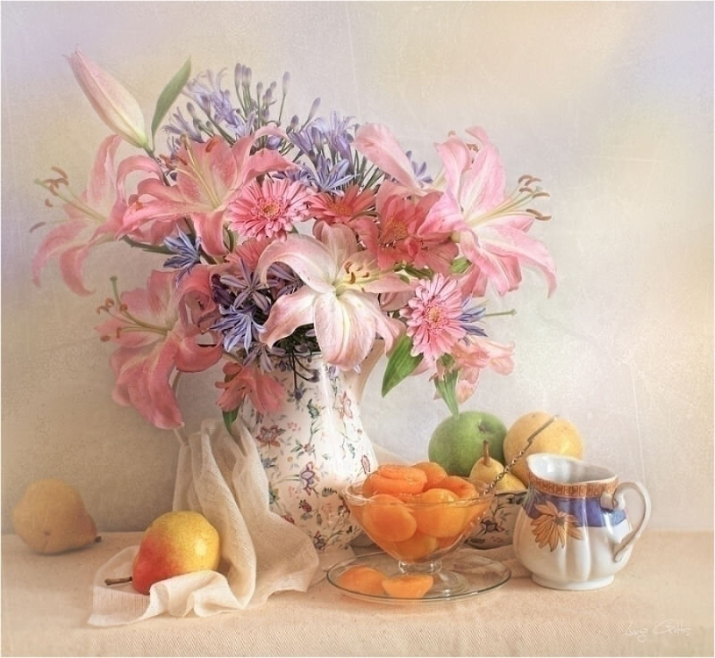 Still Life with Flowers and Fruit — Pink, Serene, Painting