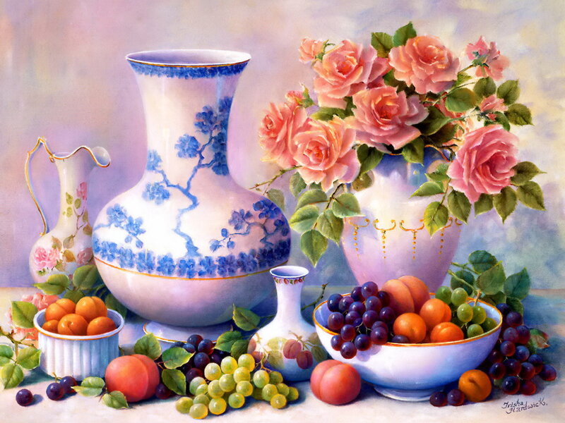 Still Life with Flowers and Fruit — Pink, Serene, Painting, Vases