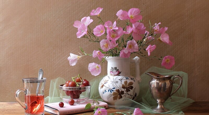 Still Life with Flowers and Fruit — Pink, Serene, Photograph, Grapes
