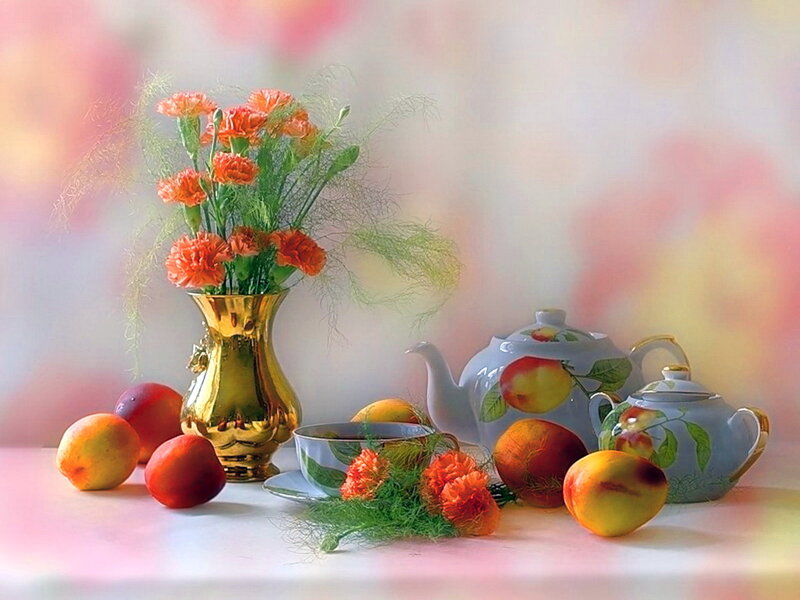Still Life with Flowers and Fruit — Pink, Serene, Photograph