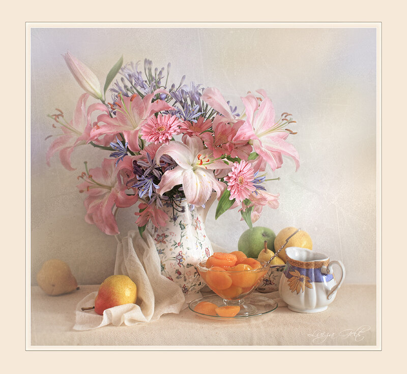 Still Life with Flowers and Fruit — Pink, Serene, Photograph, Vase