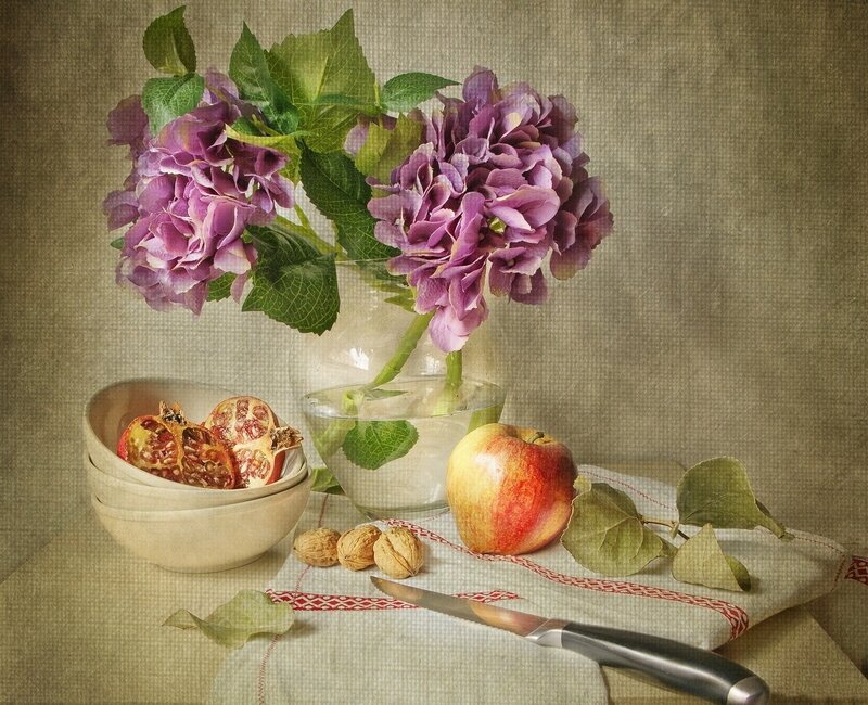 Still Life with Flowers and Fruit — Purple, Calm, Photograph