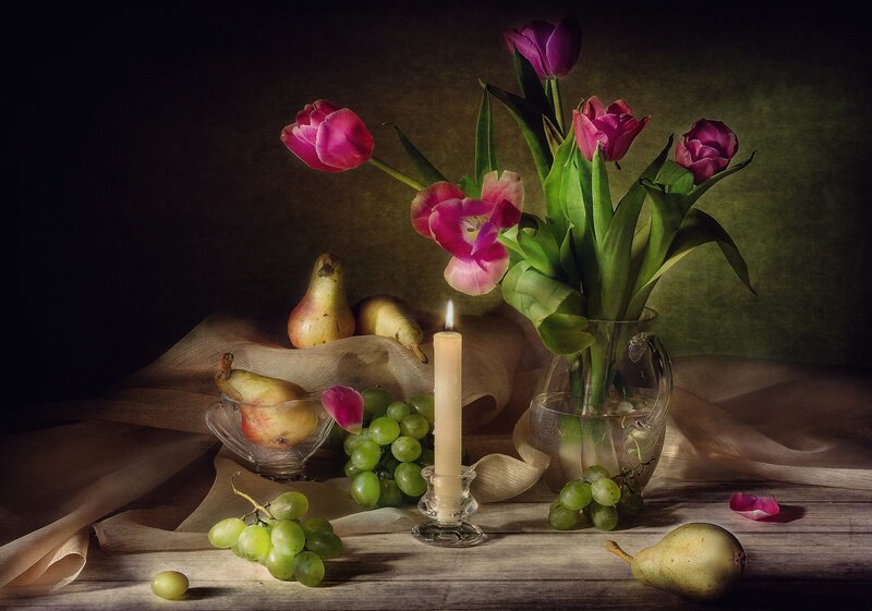 Still Life with Flowers and Fruit — Purple, Dramatic, Night