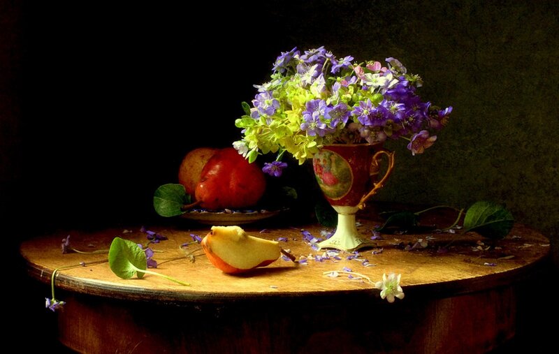 Still Life with Flowers and Fruit — Purple, Dramatic, Painting