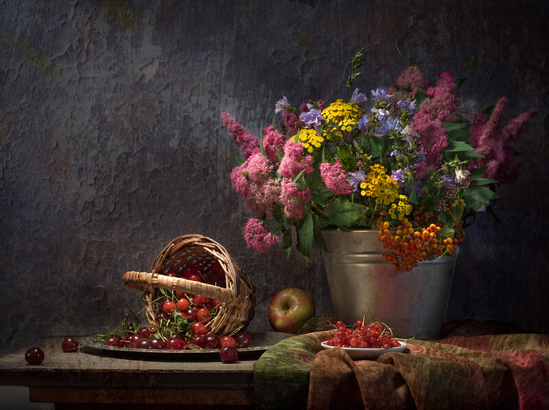 Still Life with Flowers and Fruit — Purple, Dramatic, Photograph, Basket, Apple