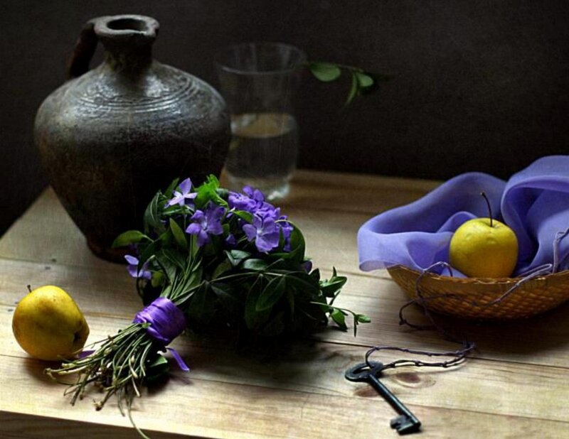 Still Life with Flowers and Fruit — Purple, Dramatic, Photograph