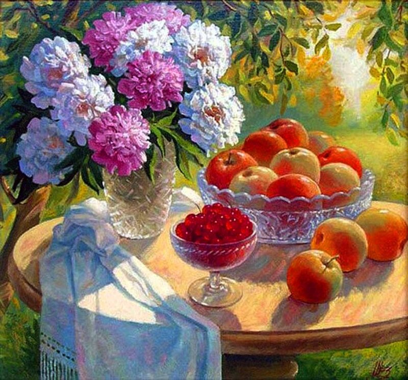Still Life with Flowers and Fruit — Purple, Serene