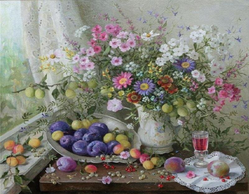 Still Life with Flowers and Fruit — Purple