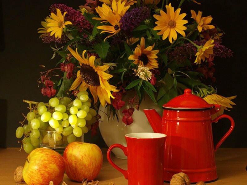 Still Life with Flowers and Fruit — Red, Calm, Afternoon