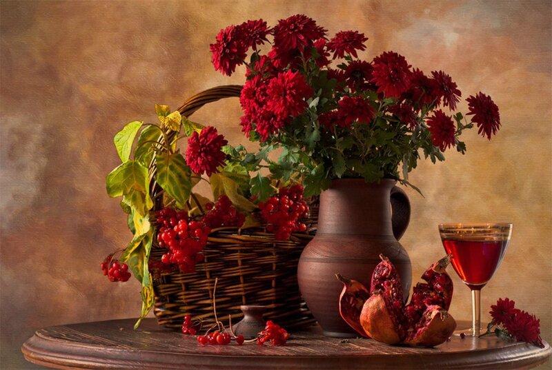 Still Life with Flowers and Fruit — Red, Calm, Autumn, Photograph, Pitcher