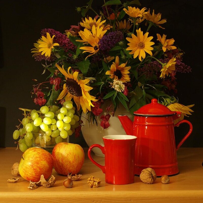 Still Life with Flowers and Fruit — Red, Calm, Autumn, Photograph