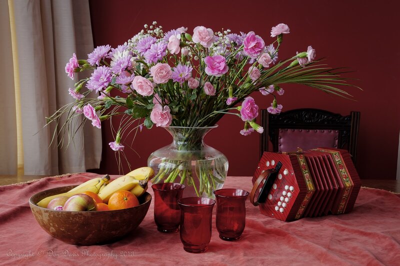 Still Life with Flowers and Fruit — Red, Calm, Photograph, Fruit Bowl