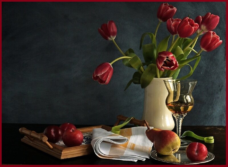 Still Life with Flowers and Fruit — Red, Calm, Photograph, Tulips
