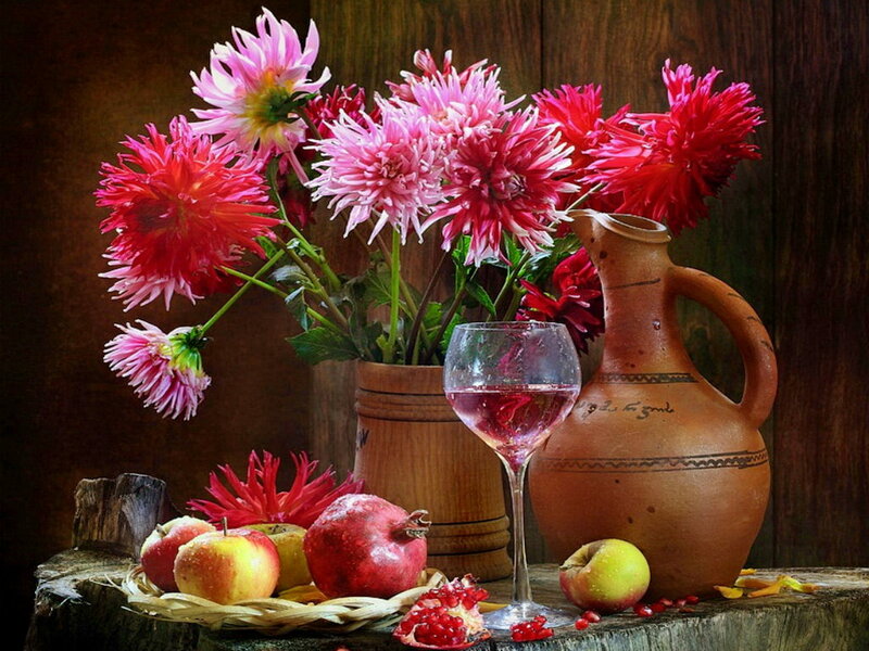 Still Life with Flowers and Fruit — Red, Calm, Photograph, Wine Glass