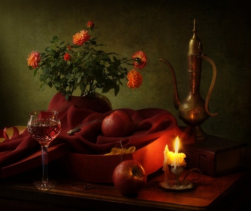 Still Life with Flowers and Fruit — Red, Dramatic, Night