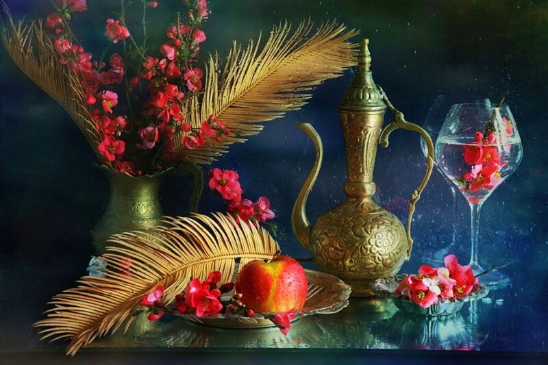 Still Life with Flowers and Fruit — Red, Dramatic, Painting, Apple