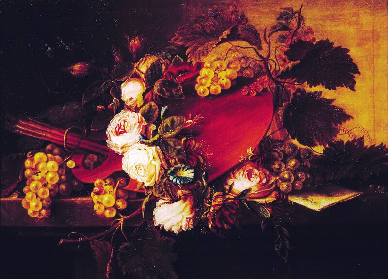 Still Life with Flowers and Fruit — Red, Dramatic, Painting, Grapes