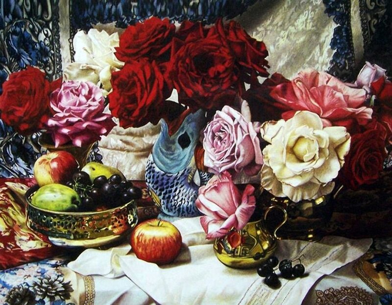 Still Life with Flowers and Fruit — Red, Dramatic, Painting, Roses, Apples, Grapes
