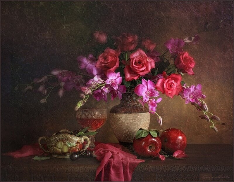 Still Life with Flowers and Fruit — Red, Dramatic, Painting, Roses
