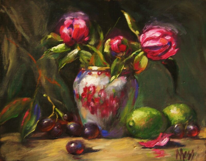 Still Life with Flowers and Fruit — Red, Dramatic, Painting