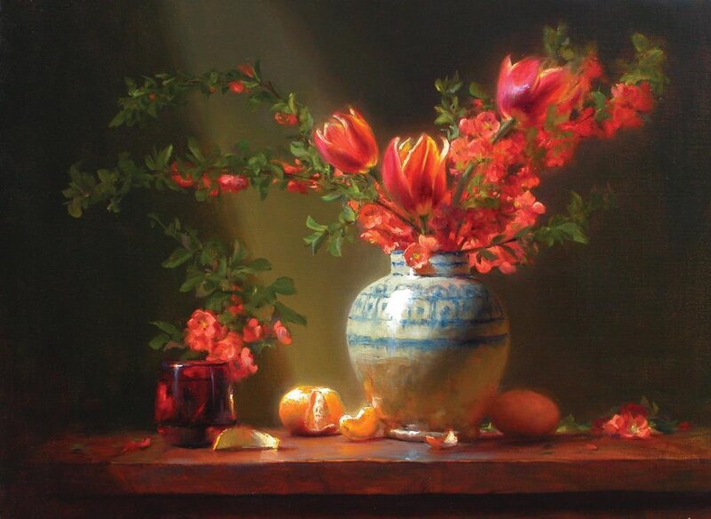 Still Life with Flowers and Fruit — Red, Dramatic, Painting, Vase