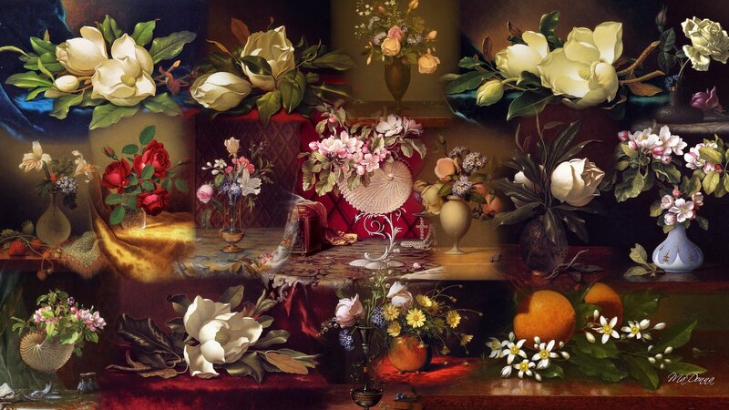 Still Life with Flowers and Fruit — Red, Dramatic, Painting, Vases