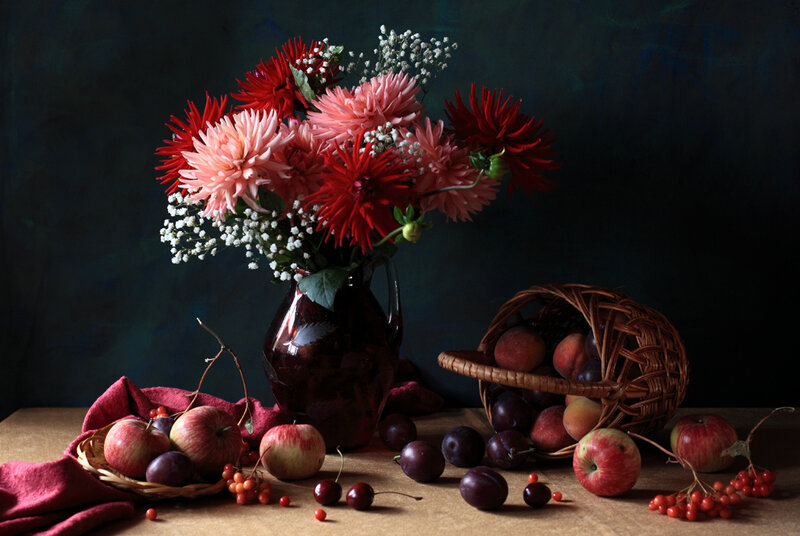 Still Life with Flowers and Fruit — Red, Dramatic, Photograph, Basket