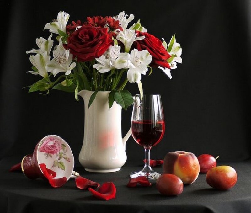 Still Life with Flowers and Fruit — Red, Dramatic, Photograph