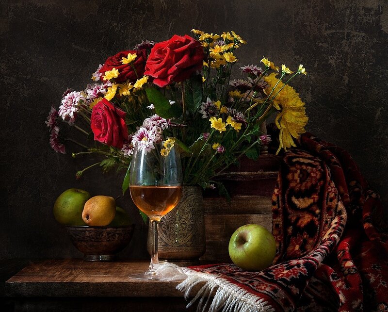 Still Life with Flowers and Fruit — Red, Dramatic