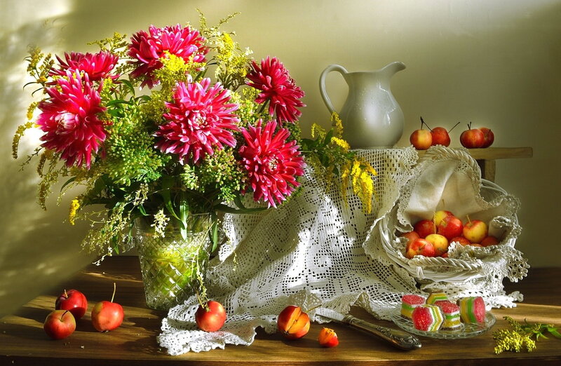 Still Life with Flowers and Fruit — Red, Serene, Afternoon, Photograph
