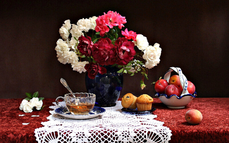 Still Life with Flowers and Fruit — Red, Serene, Photograph, Tea Cup, Muffins