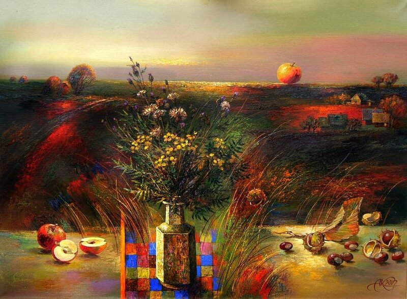 Still Life with Flowers and Fruit — Red, Serene, Sunset