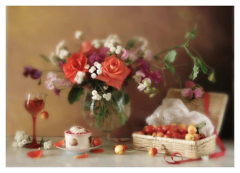 Still Life with Flowers and Fruit — Red, Serene