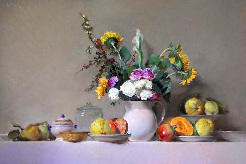 Still Life with Flowers and Fruit — White, Calm, Painting, Pitcher