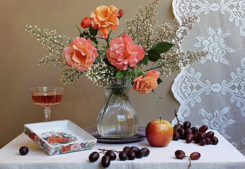 Still Life with Flowers and Fruit — White, Calm, Photograph, Glass