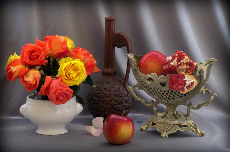 Still Life with Flowers and Fruit — White, Calm, Photograph, Roses