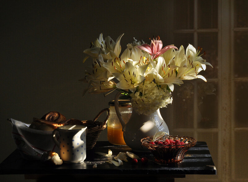 Still Life with Flowers and Fruit — White, Dramatic, Morning