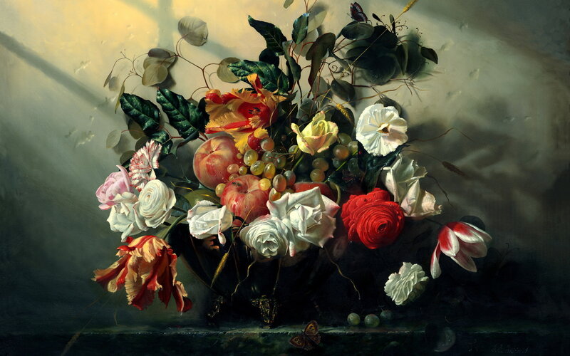 Still Life with Flowers and Fruit — White, Dramatic, Painting