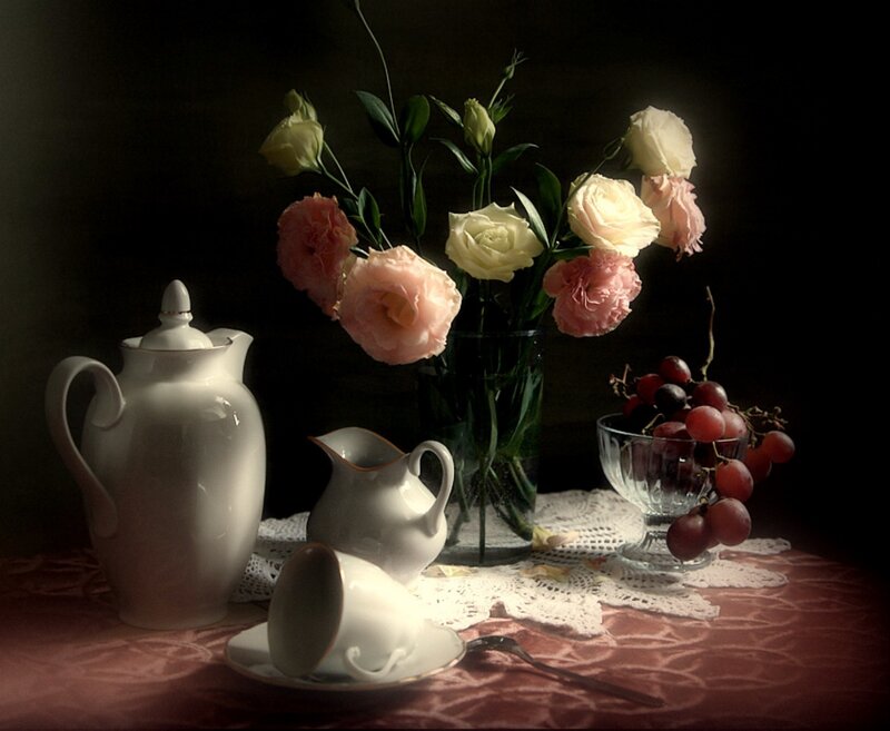 Still Life with Flowers and Fruit — White, Dramatic
