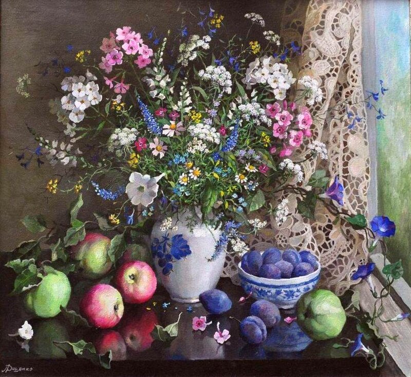Still Life with Flowers and Fruit — White, Serene, Afternoon, Painting