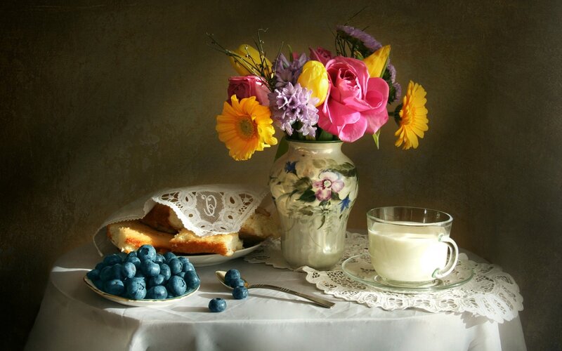 Still Life with Flowers and Fruit — White, Serene, Morning, Photograph, Blueberries, Bread, Milk