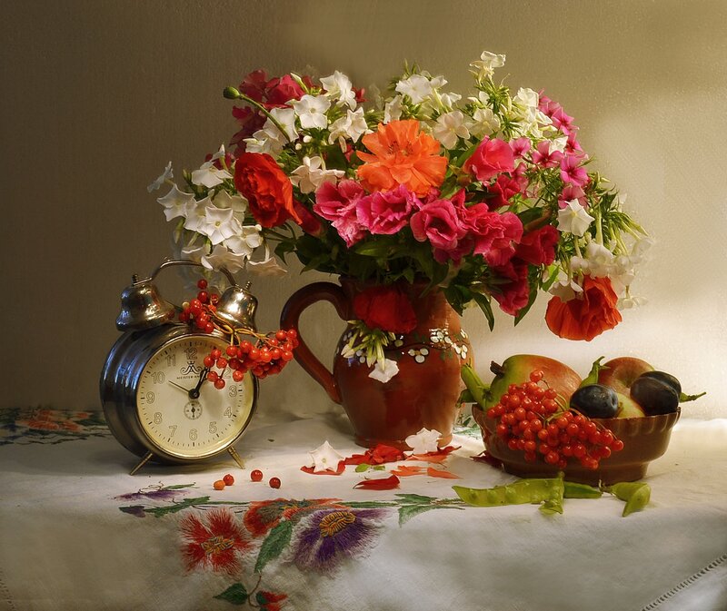 Still Life with Flowers and Fruit — White, Serene, Morning, Photograph, Clock