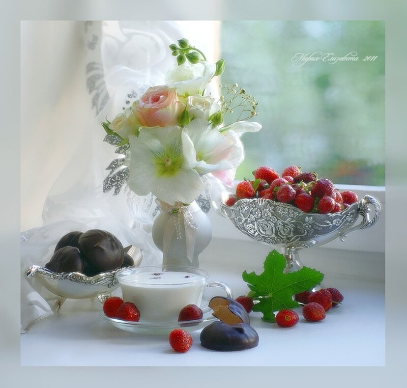 Still Life with Flowers and Fruit — White, Serene, Morning, Photograph