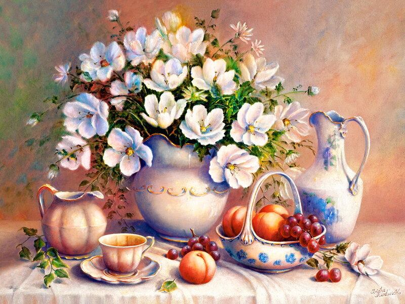 Still Life with Flowers and Fruit — White, Serene, Painting, Fruit Basket