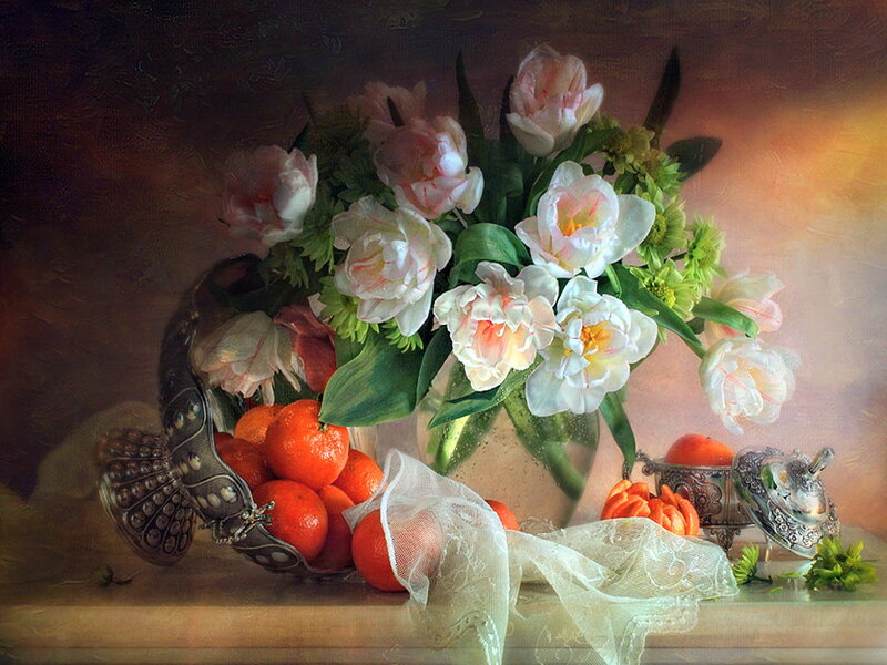 Still Life with Flowers and Fruit — White, Serene, Painting, Oranges