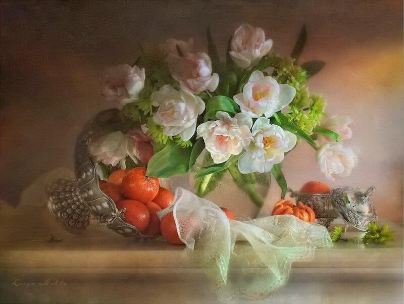 Still Life with Flowers and Fruit — White, Serene, Painting, Vase