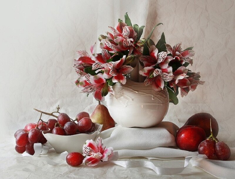 Still Life with Flowers and Fruit — White, Serene, Photograph, Grapes