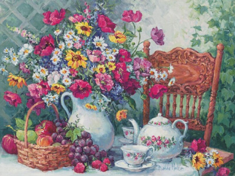 Still Life with Flowers and Fruit — White, Serene, Summer